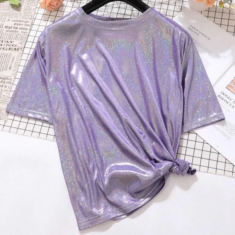 

Bright Tshirt Dance Party Sports Fashion Women Candy Color Short-sleeved T-shirt Blouse Summer Girls Reflective Shine New Tops