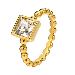 Elegant Bezel Set Square Cubic Zirconia Beaded Chain Ring for Women, Stainless Steel Design