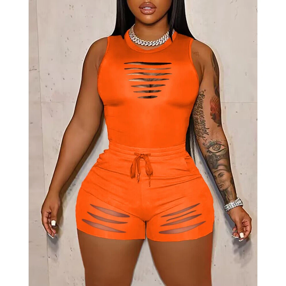 

New Women Solid Color Cutout Design Casual Two Pieces Set Summer Outfits Sleeveless T-shirts & Drawstring Shorts Set Female