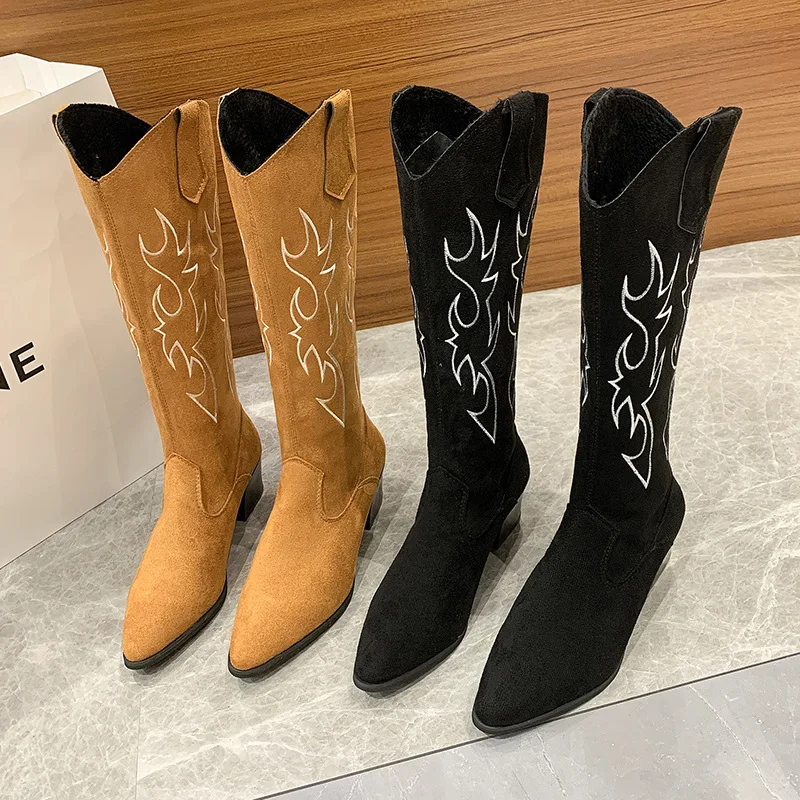 Large Size Women Boots Retro Embroidery Western Denim Boots Women's Pointed High Heels V-neck Knee High Fashion Knight Boots