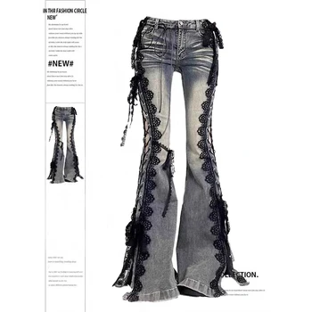 YIBASHU Women Dark Academia Goblin Core Harajuku Y2K Low Rise Lace Jeans Abi Denim Flare Pants Bell-Bottom Y2k Goth Gyaru Kpop 1