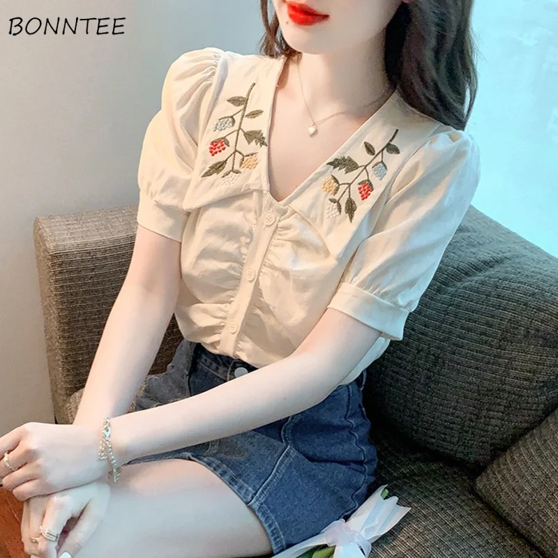 

Shirts Women Flower Embroidery Thin Summer Peter Pan Collar Fashion Slim All-match Office Young Ladies Camisas Mujer Elegant Ins