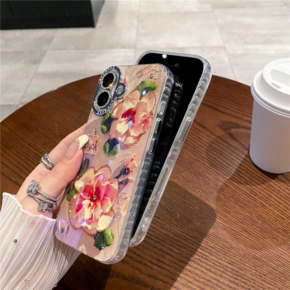 Bunte Blu-ray Diamant Blumen Muster Telefon Fall Für iPhone 16 15 14 Plus 11 12 13 Pro Max Objektiv Glitter Film Stoßfest Abdeckung_voghion.com