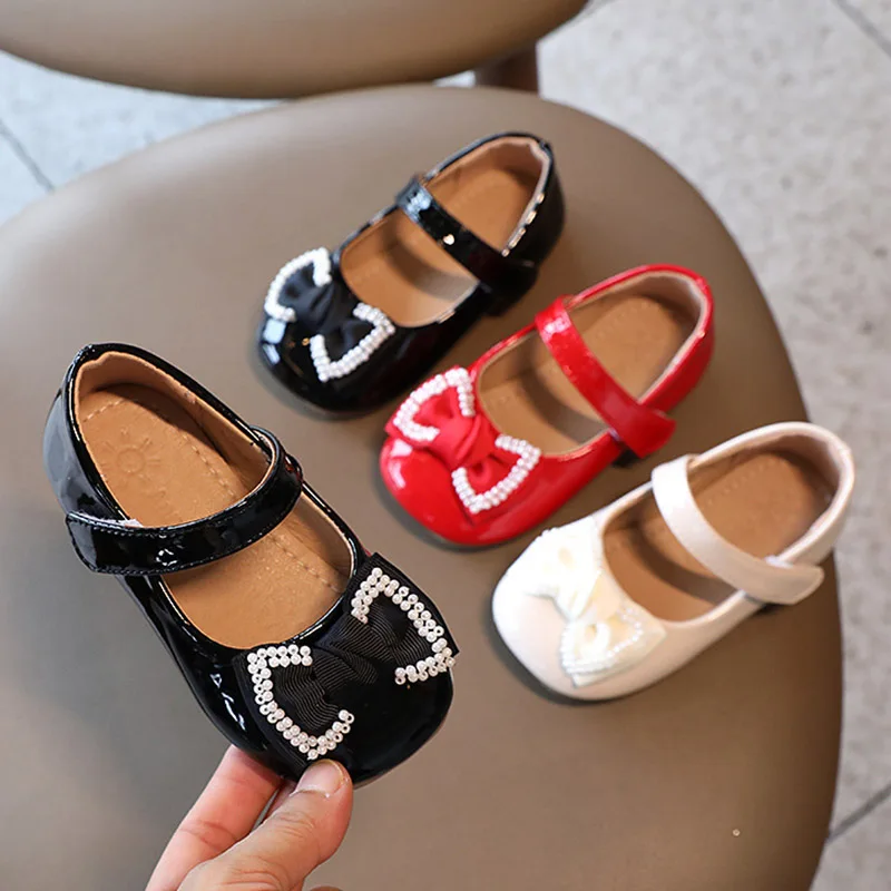 Spring Autumn Girls Leather Shoes Bowtie Pearls Mary Janes For Baby Children Princess Shoe Bridal White Black Red Toddlers |