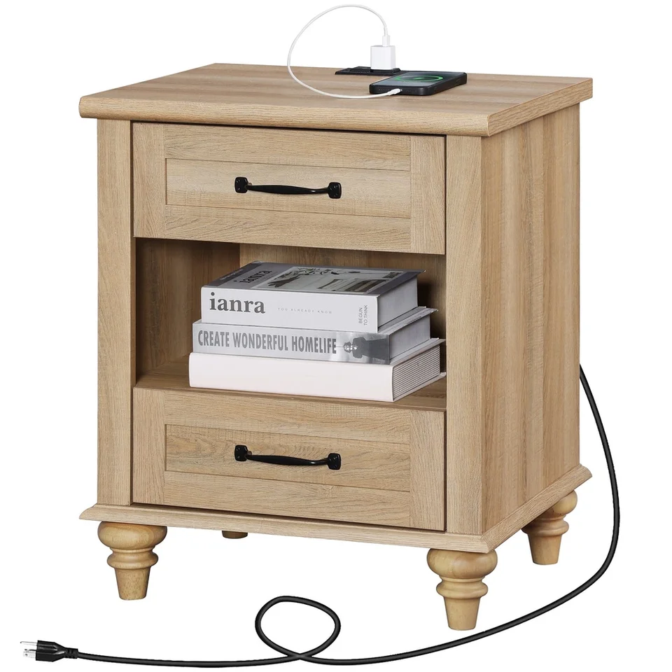 Rustic Oak Nightstand with USB Charging Station