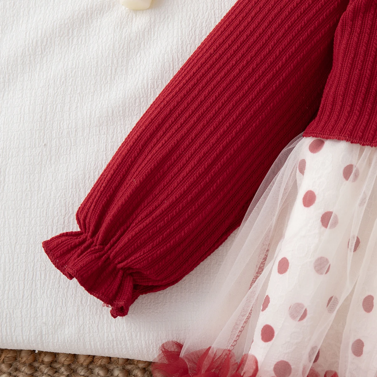 Frühling Herbst Kleinkind Mädchen Stricken Langarm Kleid Rot Polka Dot Print Mesh mit Schleife Prinzessin Kleid Mädchen Party Kostüm – Detail 16