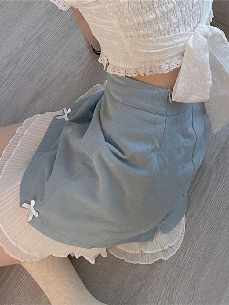 Japanese Kawaii Sweet Mini Skirt Women Summer Bow Design Elegant Lolita Lace Patchwork Denim Skirt High Waist A-Line Streetwear