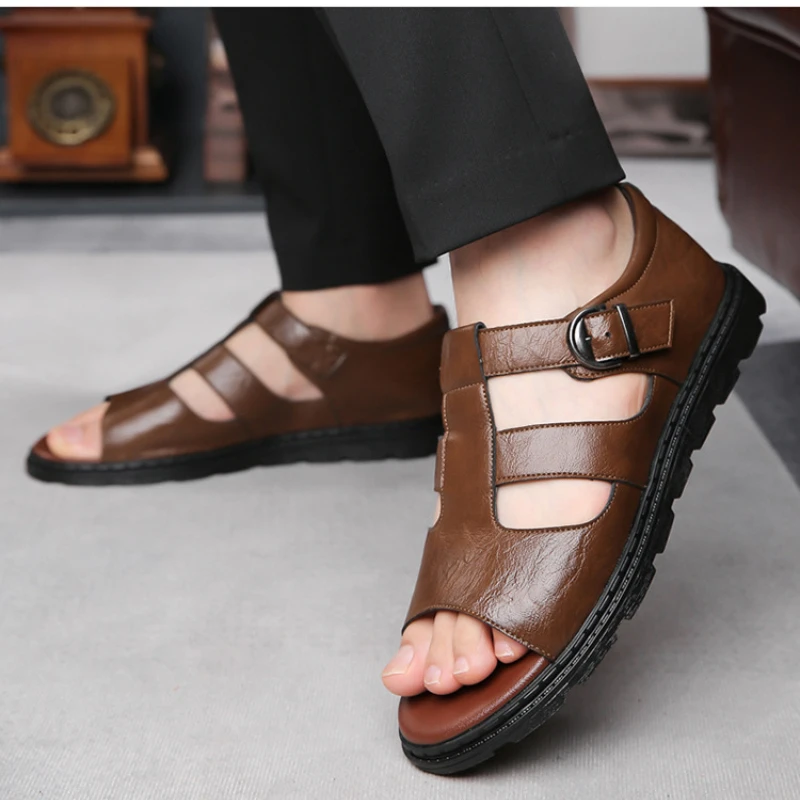

XIHAHA Summer Men Casual Cozy Hollow Non-slip Soft Cool Lighted Breathable All-match Classic Wearable Leather Sandals