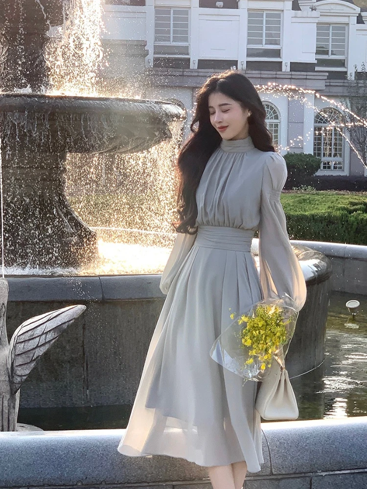 2024 Frühling Roll kragen pullover weiß Midi Kleid Frauen Langarm 