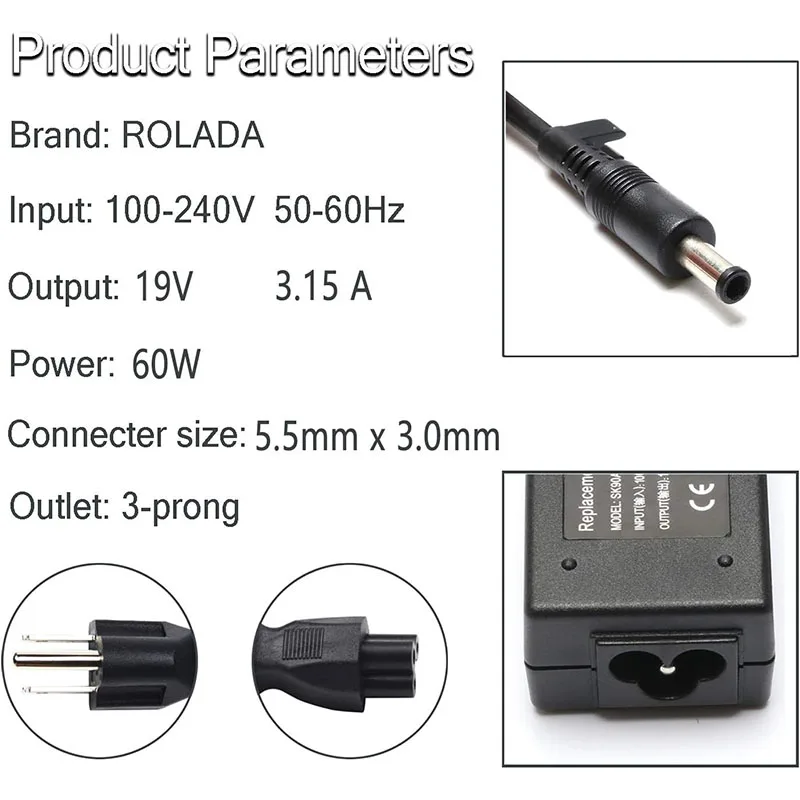 19V 3.15/3.16A AC Power Adapter Charger for Samsung AD-6019R 0335A1960 CPA09-004A Q430 QX410-S02US RV510-A02 QX410 Q430 P560 — view 3