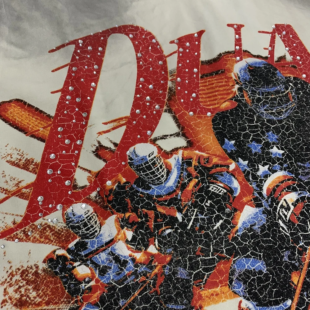 Auto-Buchstaben Strass Verzierte Gewaschene Baumwoll-T-Shirts für Männer und Frauen Harajuku Hip-Hop Lose Glänzende Diamant-Tees Übergroß – Detail 16