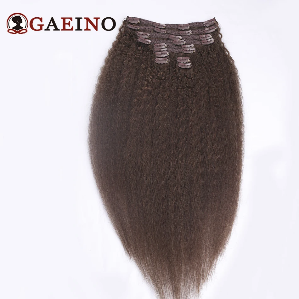Kinky Straight Clip In Human Hair Extensions 10Pcs/Set 4# Chocolate Brown Light Brown 14-28Inch