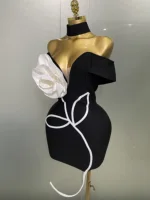 Women 2025 New Sexy Off Shoulder White Flower Black Mini Bodycon Bandage Dress Luxury Celebrity Evening Club Elegant Party Gowns - Image 2