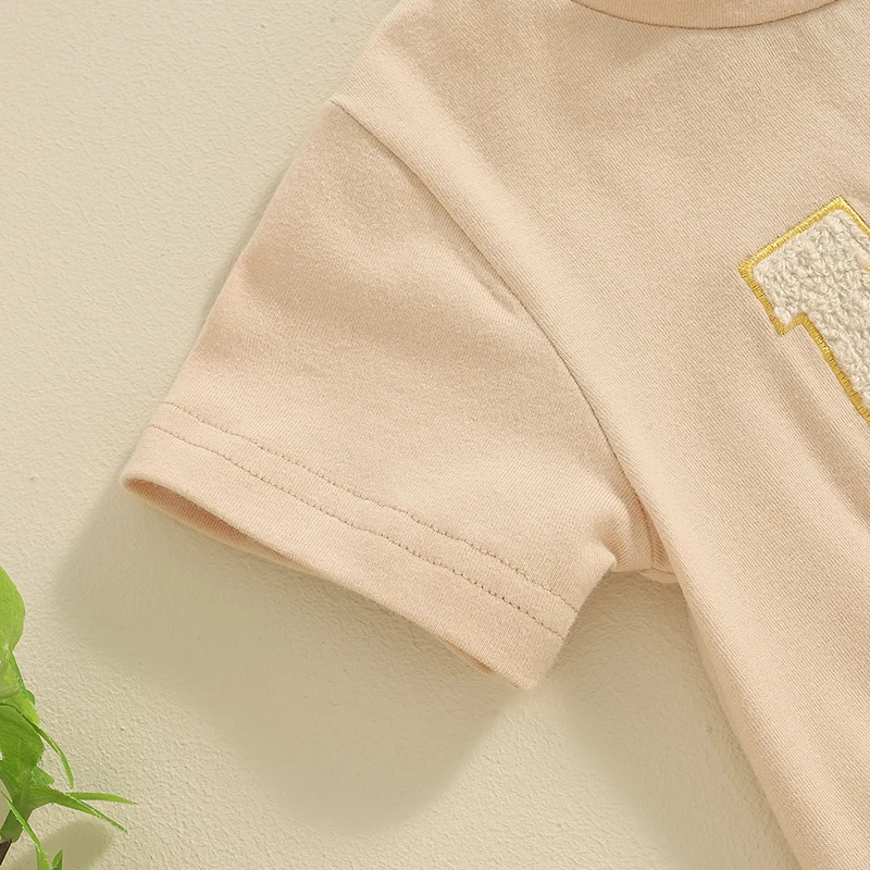 

Baby Boy T-shirt Romper Summer Newborn Fuzzy Embroidered Letter Round Neck Short Sleeve Bodysuit for Infant