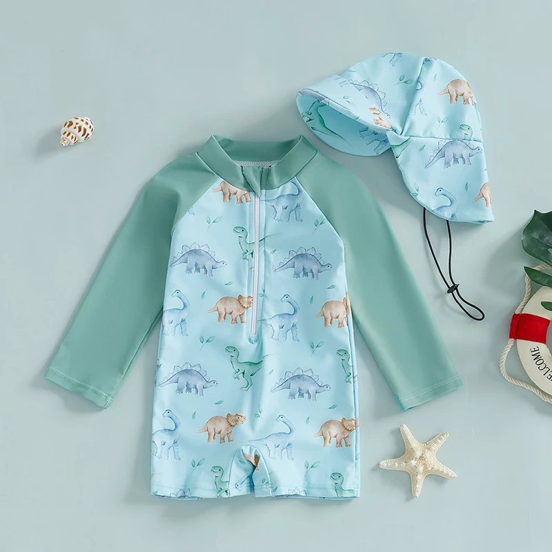 Kids Baby Boys Summer Swimwear Casual Dinosaur/Sea Creature Print Zipper Rash Guard Swimsuit and Hat Beachwear Bathing Suit