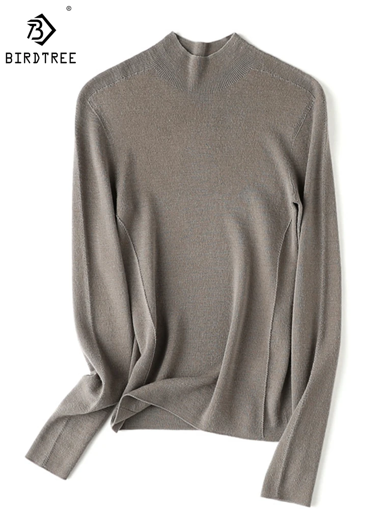 

Birdtree 90% Wool 10% Mulberry Silk Semi-turtleneck Pullover Sweater Solid Color Simple Slim Bottom Knitwear Woman T30377QD