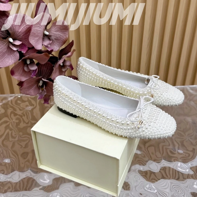 Luxury Brand String Bead Flat With Ballet Flats Shallow Pearl Almond Shaped Toes Zapatos Mujer Silk Butterfly Knot Woman Flats 2