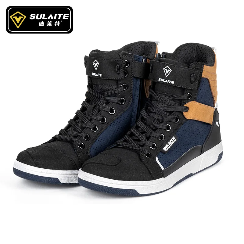 Sulaite Men Motorcycle Boots Microfiber Motocross Shoes All Season Anti-slip Biker Boots