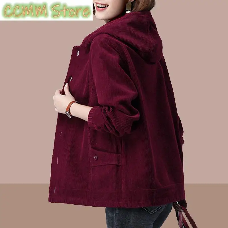 2023 Solid Color Spring Autumn Corduroy Jacket Women Winter Outwear Velvet Thick Simple Loose Jacket Mother  Hooded Warm Coat