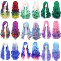 Soowee cheveux synthétiques Ombre arc-en-ciel Cosplay perruque avec frange rouge jaune violet vert bleu perruques pour les femmes noires 1