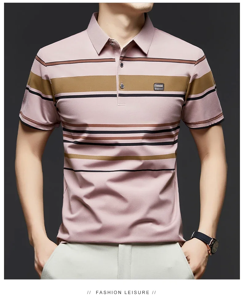 BROWON Brand 2025 Summer Shorts Polo Shirt Men Tshirt Luxury Wide Striped Lapel Collared Polo Shirt for Work Business Men 19 Sd824dca0325c4b3cb51b0469a4402625a