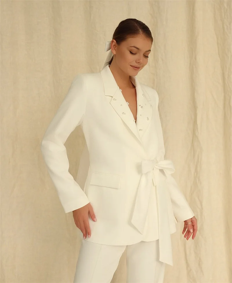 

Wedding Pearls Women Suit Pants Set 2 Pcs Blazer With Belt Formal Bridal Tuxedo костюм женский White Prom Dress Custom Made