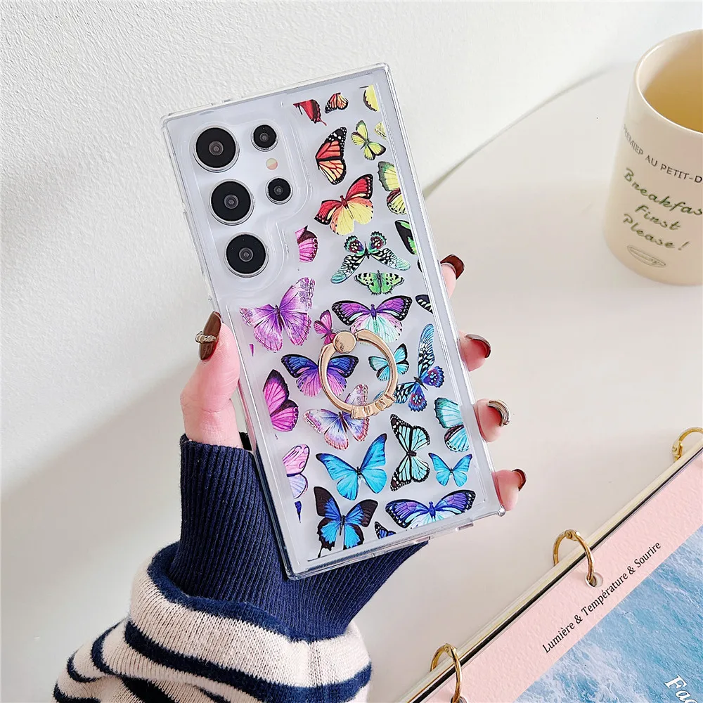 Coque de téléphone transparente en Silicone avec support papillon dégradé, étui pour Samsung S24 S23 Ultra S21FE S20 FE S23FE S22 Plus Note 20_voghion.com