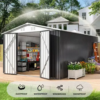 9.3x13.5 FT Qutdoor Storage Shed, Metal Garden Shed with Updated Frame Structure, ToolSheds for Backyard Garden Patio Lawn,White 1
