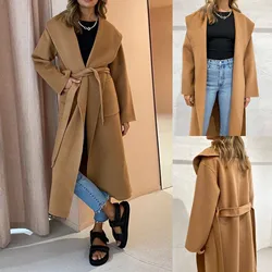 Casaco de trincheira térmica de estilo solto profundo com bolsos sobretudo feminino com cintura, cor sólida marrom manga longa com decote em v