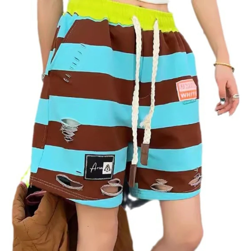 2024 Summer Thin Striped Ripped Shorts Women Loose Leisure Sports Fifth Pants American Style Trendy High Waist Middle Pants