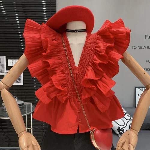 Sexy Red V Neck Blouse Layered Ruffled Sleeveless Chiffon Shirt 
