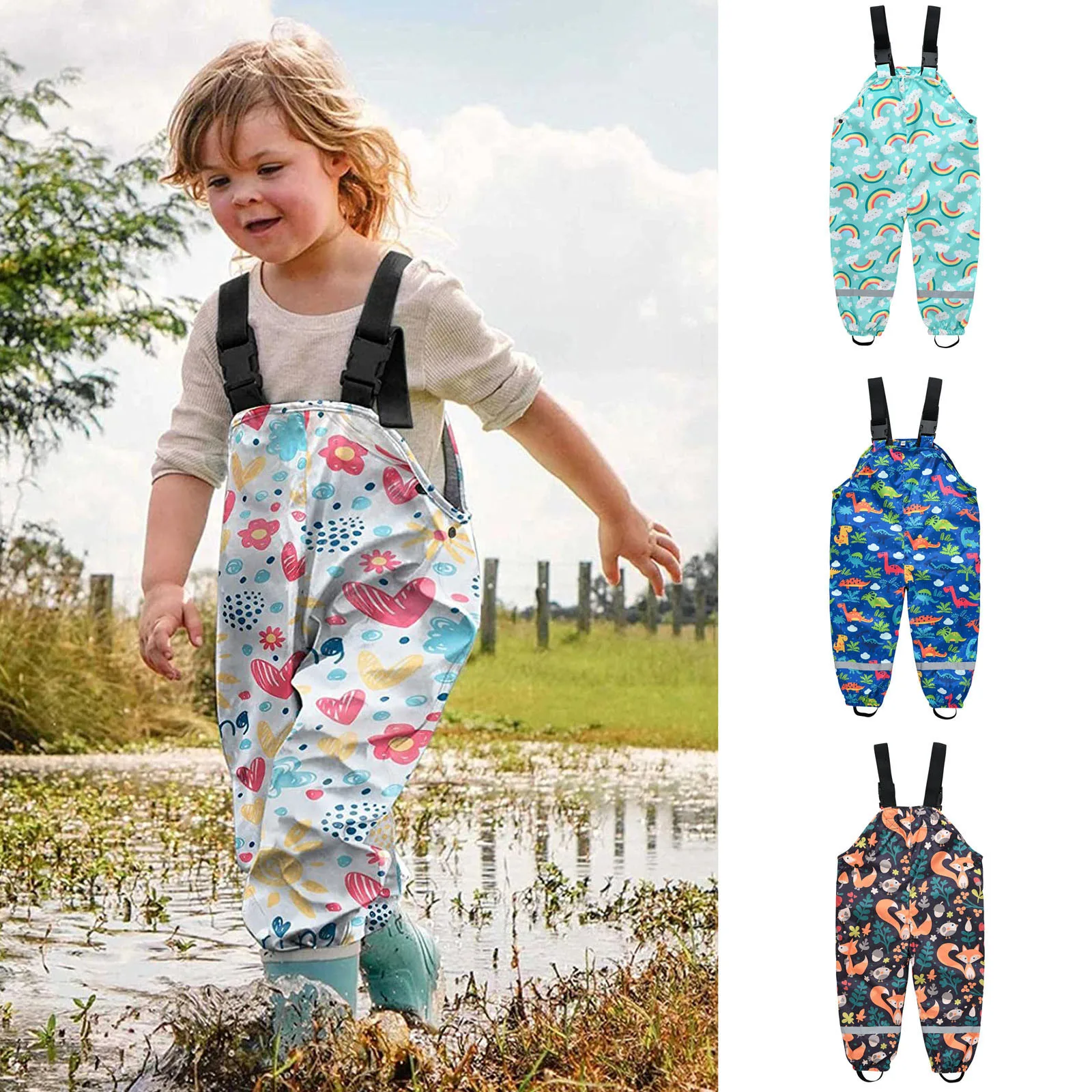 Kids Boys Girls Rain Dungarees Windproof Waterproof Mud Jumpsuit Clothes Rainbow Print High Quality Kid Windproof Rain Clothes