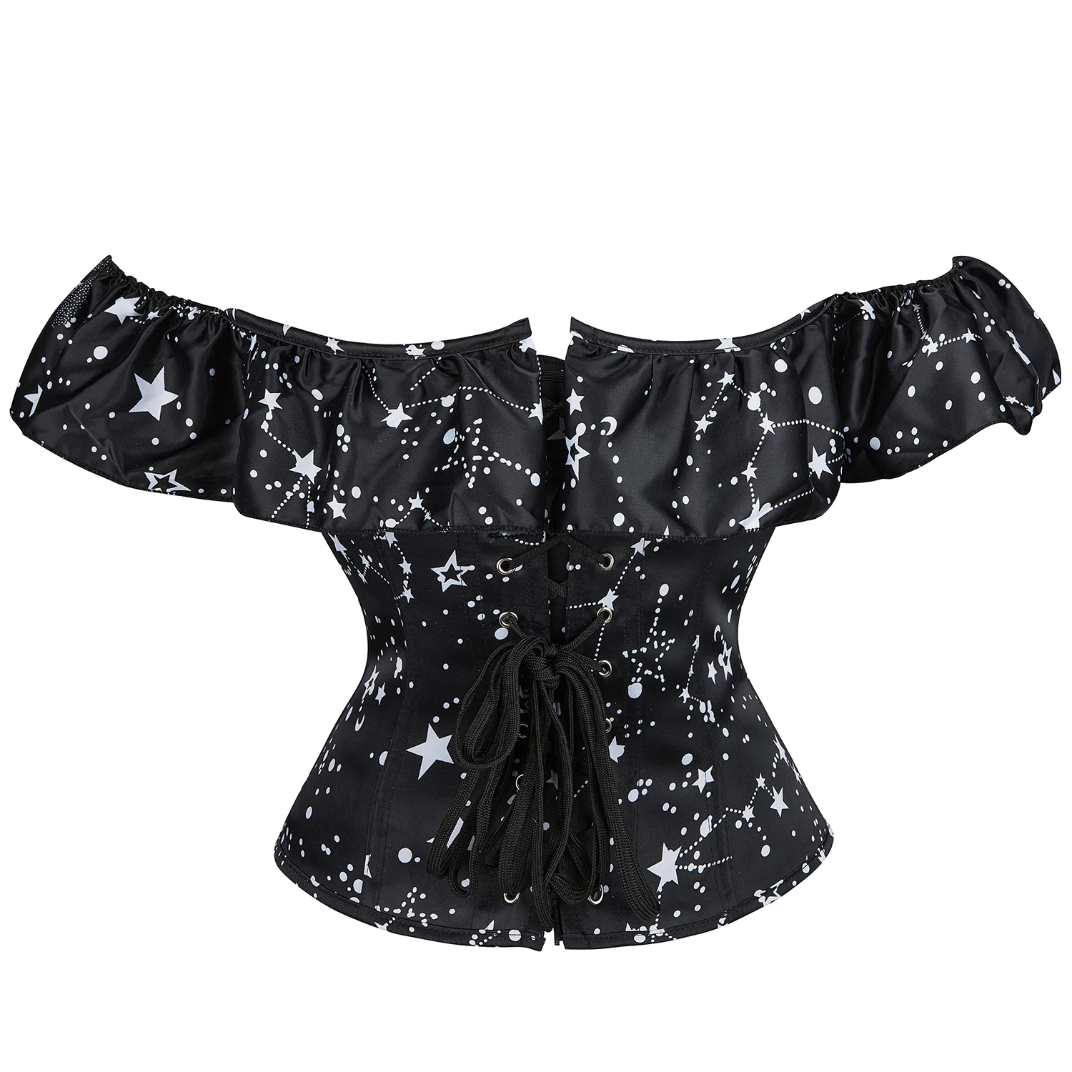 Sexy Corset Shirt Overbust Corset Top Off Shoulder Ruffles Sleeves Gothic Bustier Lace Up Body Shapewear Women Star Printing