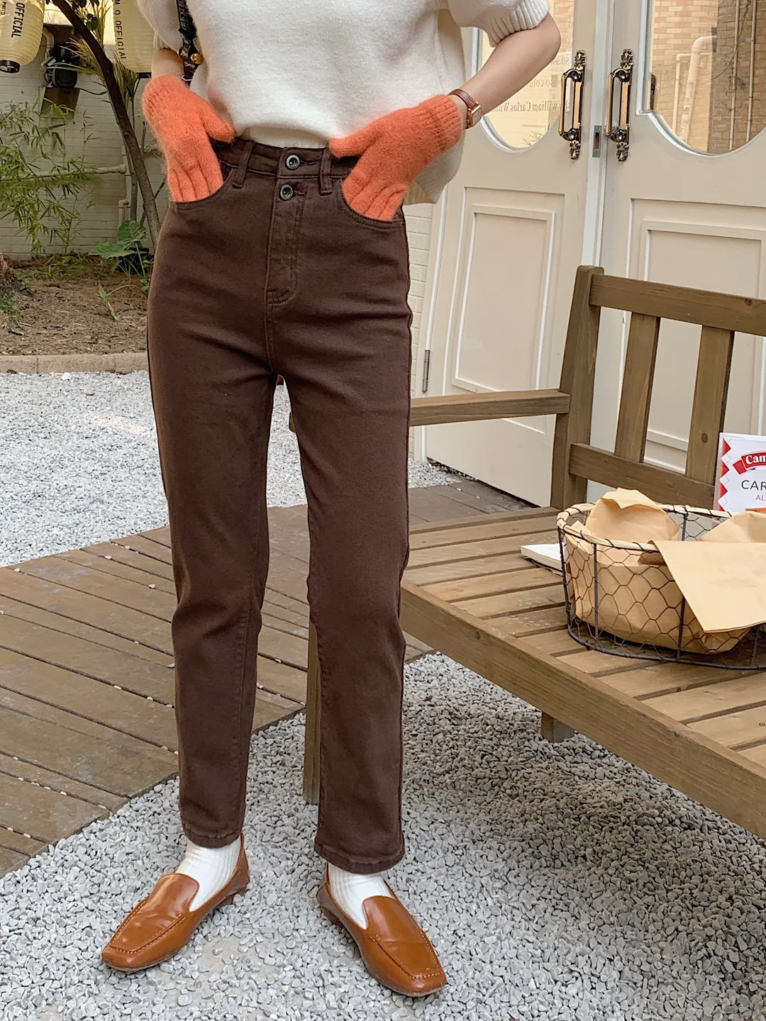 

Straight tube plush jeans women's simple basic autumn and winter new Korean high waist casual stretch thin smoke pipe pants