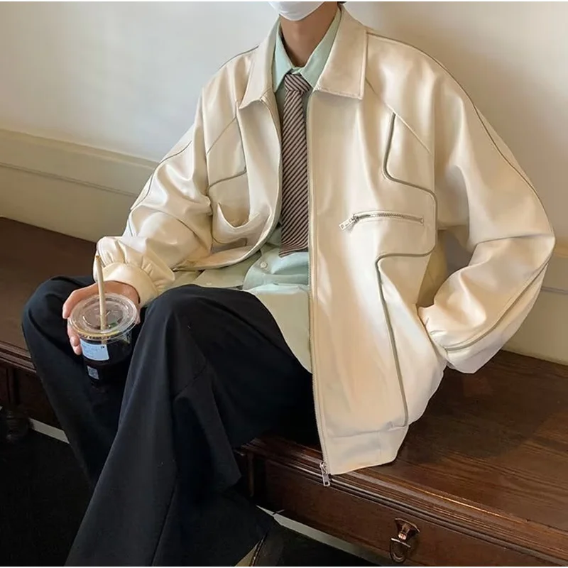 Men's Windproof Motorcycle Lapel Oblique Zipper Jacket Fashion PU Leather Jacket Slim Fit Standing Collar Large Size Men's Coat