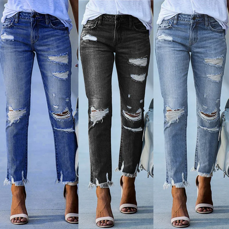 

EDLPE Women's Patchwork Destroyed Raw Hem Jeans Ripped Hole Boyfriend Denim Pants Y2k Jeans for Women