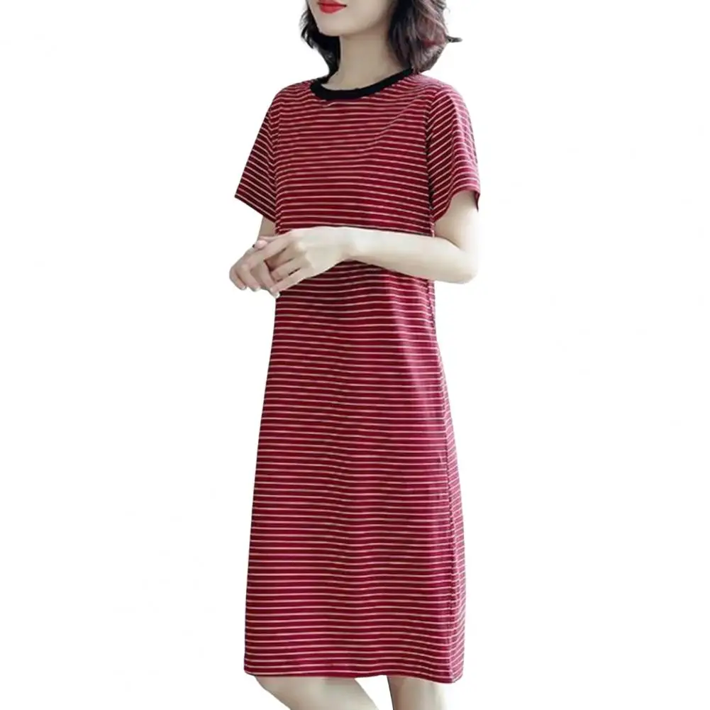 

Женское летнее Полосатое платье с круглым вырезом, легкое офисное пляжное платье с круглым вырезом, длинное платье с коротким рукавом