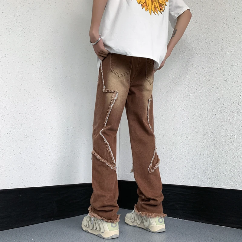 

Vintage American Street Jeans Men's Pentagram Design Straight Slim Fit Casual Wide Leg Pants Hip Hop Distressed Trousers M-5xl