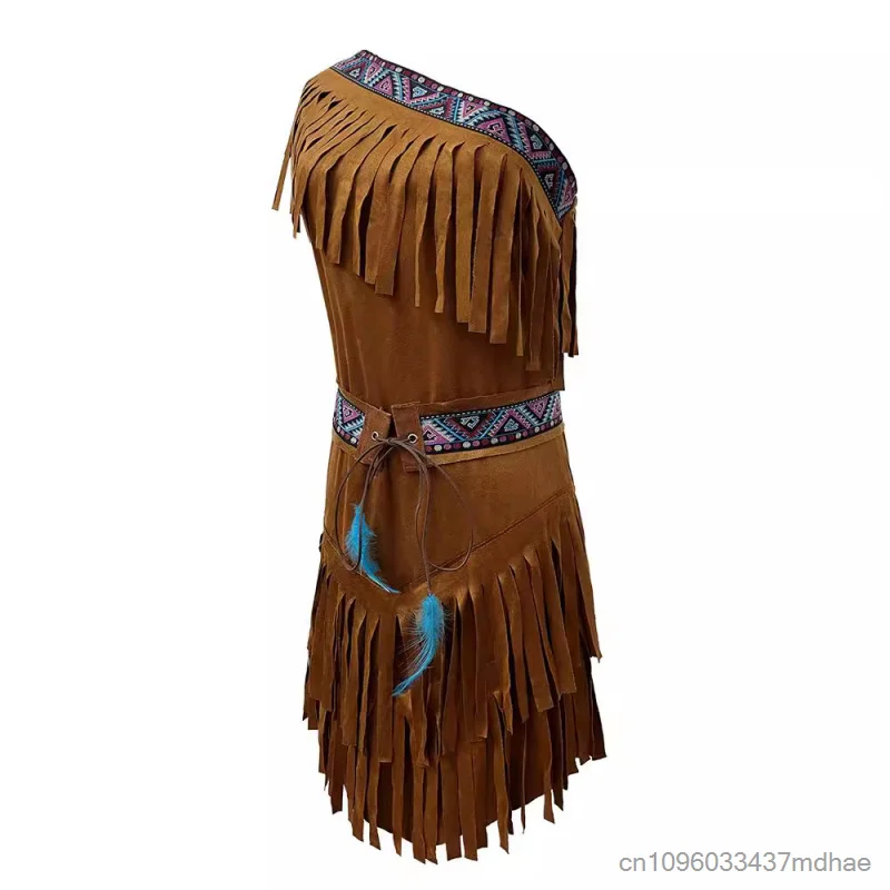 Abito con Frange Stile Nativo Americano, Monospalla con Cintura, Costume da Principessa per Donna, Outfit per Feste e Spettacoli - immagine 5