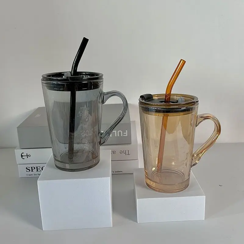 

450ml Glass Cup with Straw and Lid Coffee Cups Handle Heat-Resistant Glass Water Bottle Beer Tea Office Couple Drinkware Mug