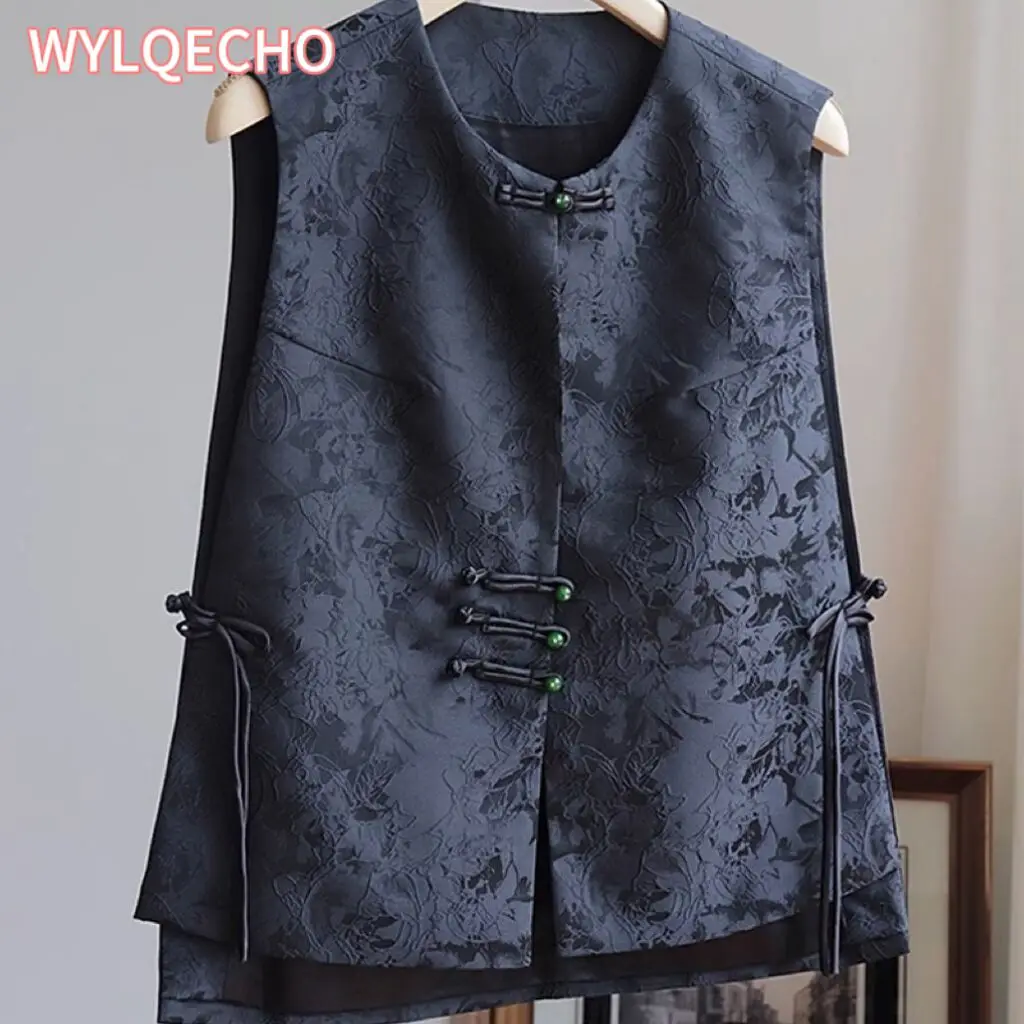 

Chinese Vest Luxury Jacquard Qipao Tops Women Tang Clothes Vintage Mandarin Collar Jacket Vests Waistcoats Outerwear Female