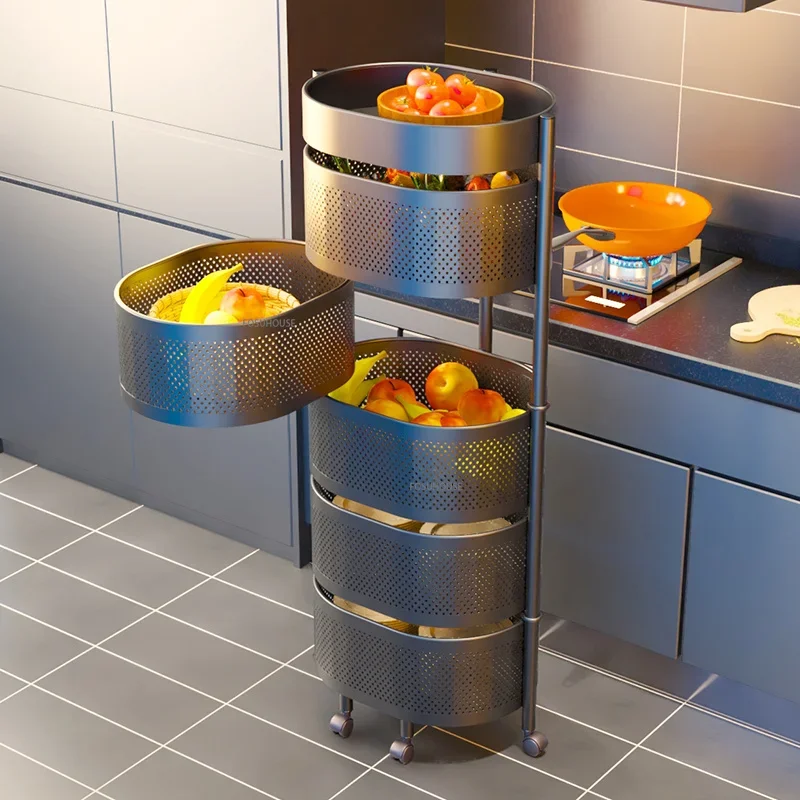 Kitchen Rotating Storage Cart Floor-standing Multi-layer Vegetable Basket Kitchen Trolley Round Fruit Vegetable Storage Rack Z