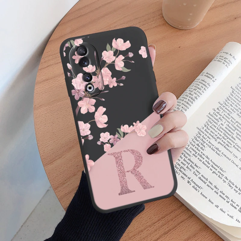 For Honor 90 Case Stylish Letters Soft Silicone Cover Beautiful Cherry Flower Initial Alphabet Fundas For Honor90 Shell Bags