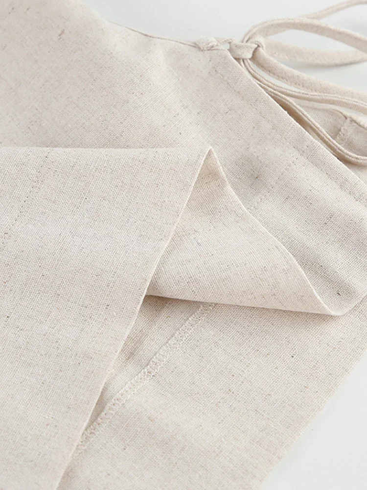 New Khaki Linen 2 Piece Pants Sets For Women 2024 Lace-Up Crop Tops Elastic Waist Loose Long Pants Suits Female Summer Outfits