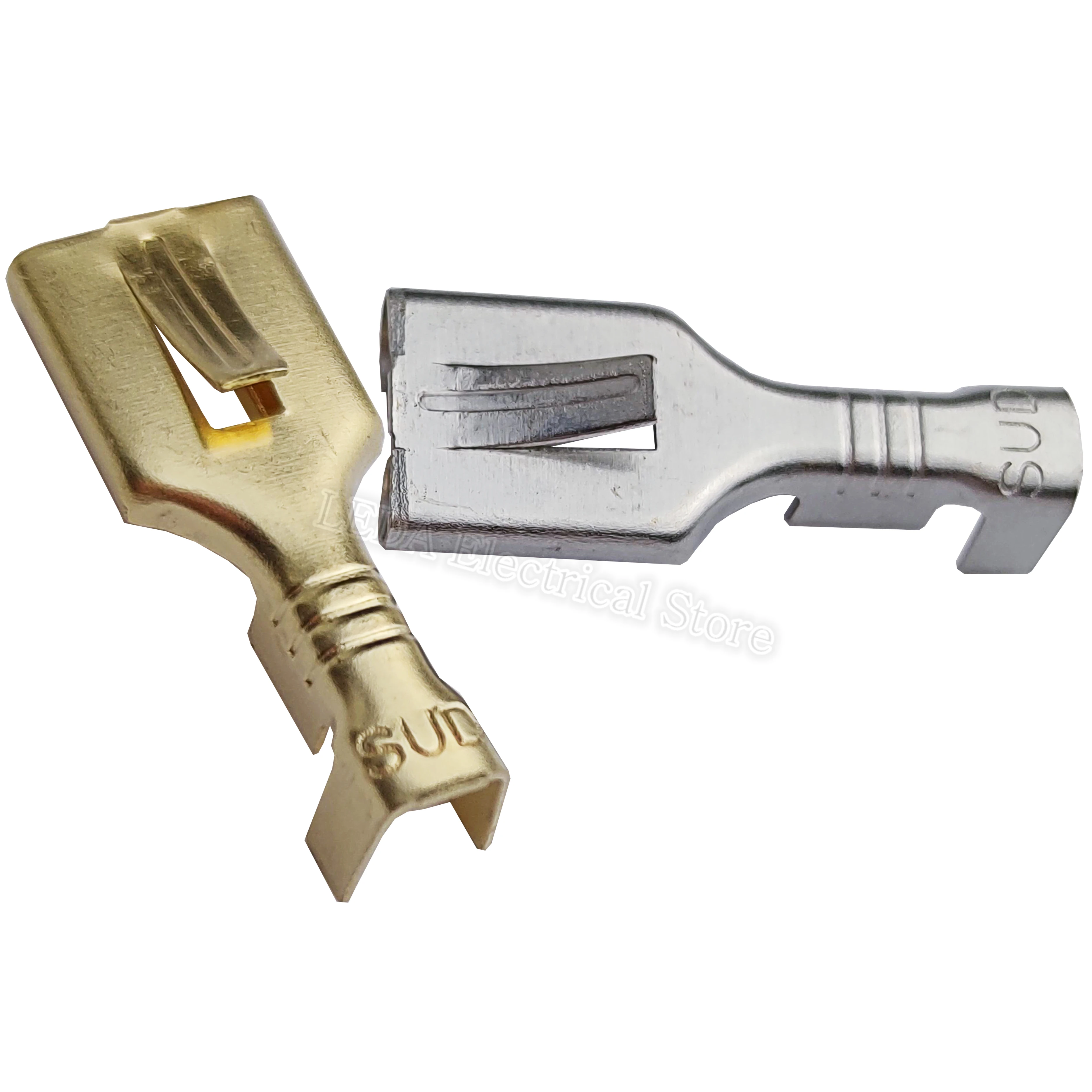 DJ623-E6.3B Type 250 Cold Pressed Brass Golden/Silvery 6.3mm Spring Flat Plate Barbed Plug Terminal Connector