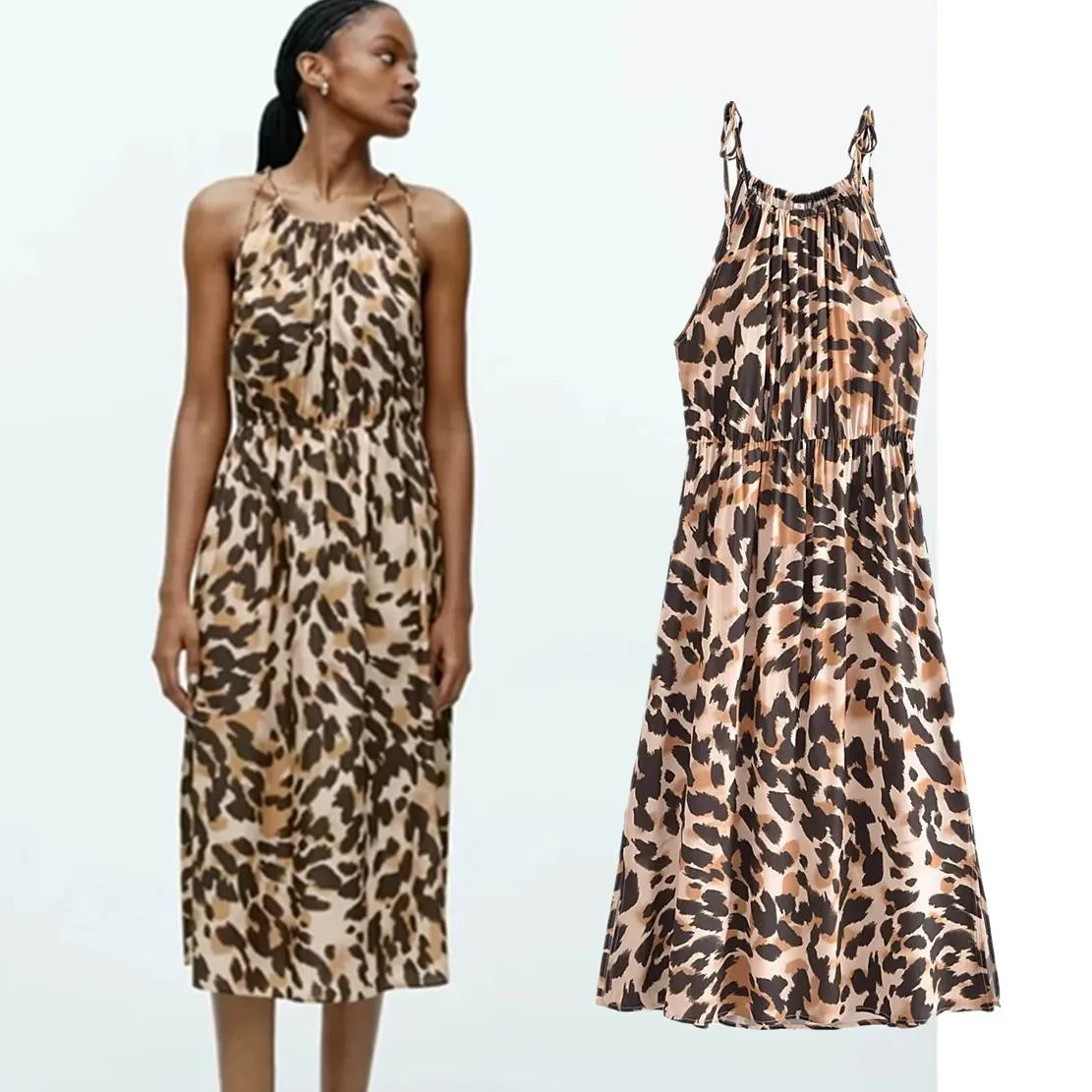 

Jenny&Dave High Street Sexy Rayon Forking Stapless Sexy Leopard Print Tank Dress Women