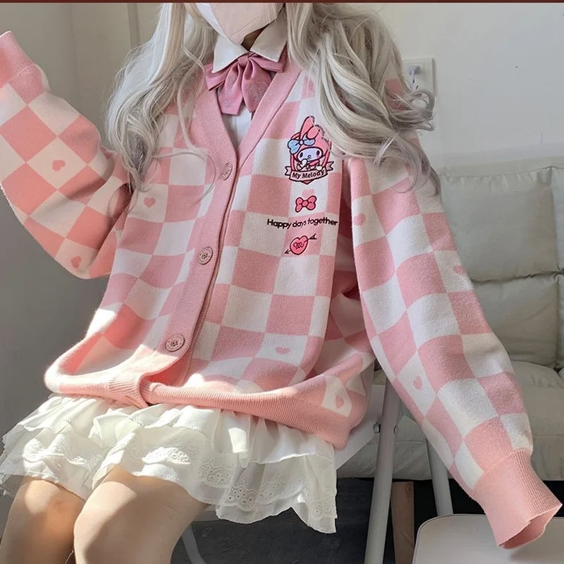 

Women's Cardigans Plaid Coats Cute Anime JK Cardigan for Women Cartoon Puppy Heart Pattern Woman Sweaters Girl Female