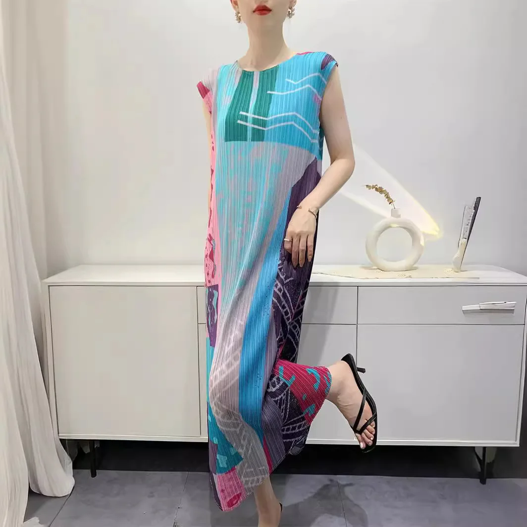 Miyake Pleated Dress Women's 2024 Summer New Printed Mid-length ...