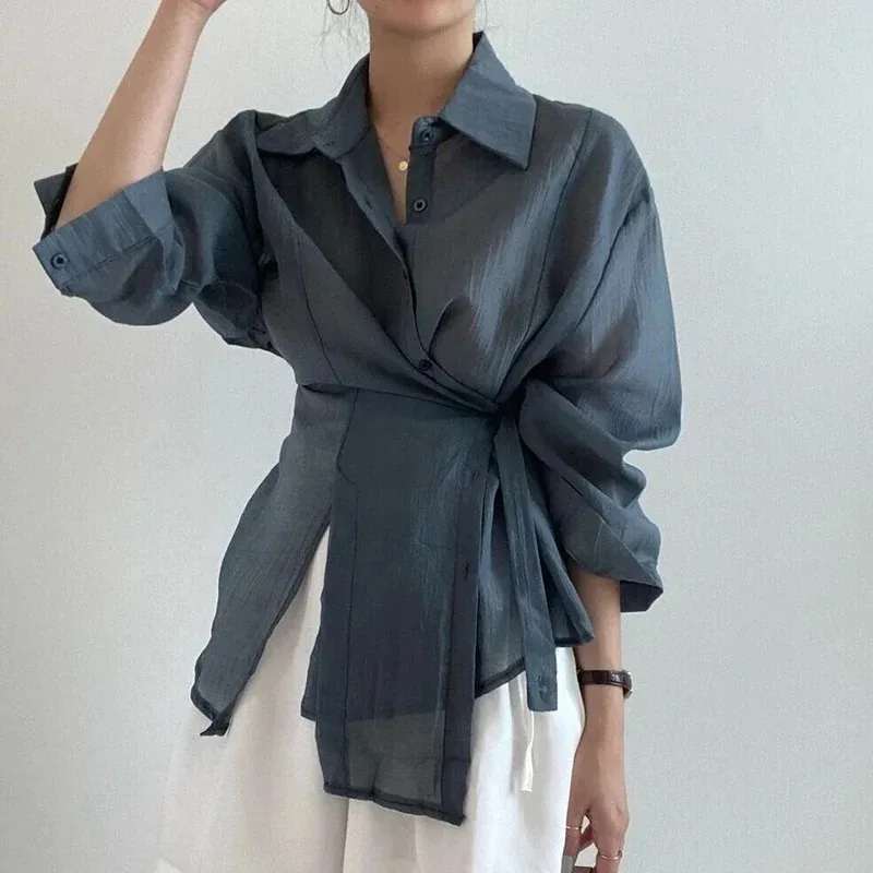 Women's Elegant Loose Long Sleeve Blouse, Irregular Slim Waist Belt Shirt, Casual Button Tops, Streetwear, 15674