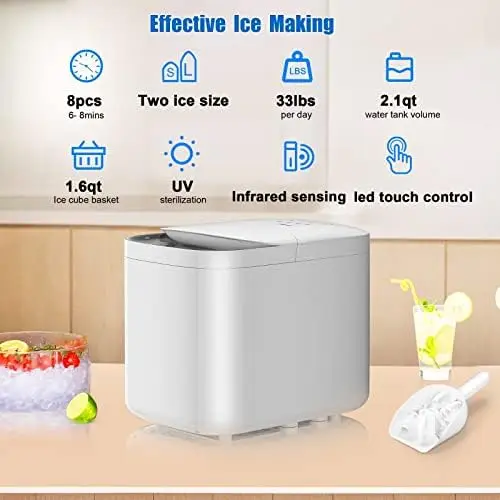 

Maker, Countertop Ice Maker with UV Lamp, Portable Ice Machine with Self Cleaning, ABS , 33lbs/Day, 6mins/8Pcs Ice, Counter Ice